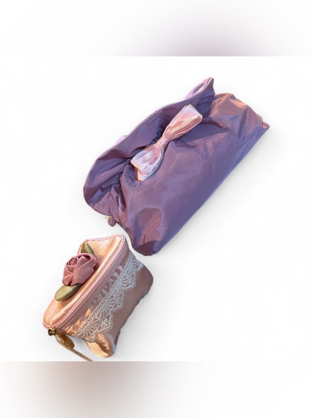 Women's Purple Bow Clutch with Pink Rose Pouch make up bags since cake purple